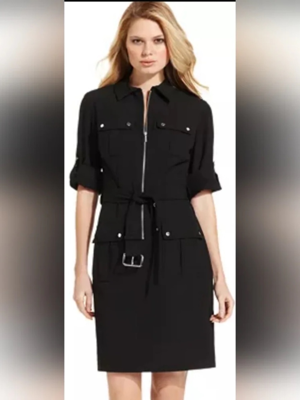 Sharagano Black Utility Gold Hardware Zip Front Shirt Dress w/D-Ring Belt Sz 10